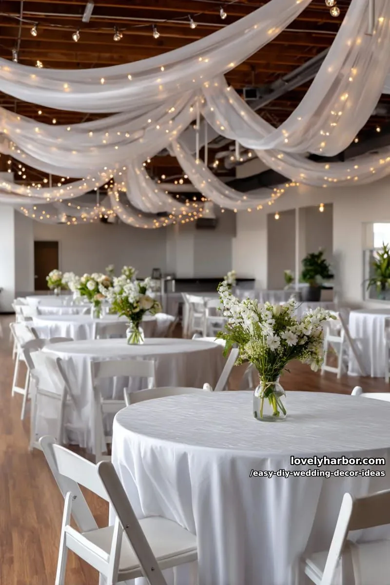 15 Easy DIY Wedding Decor Ideas for a Chic Wedding Set 38 elegant draped sheer fabric ceiling with twinkle lights for a romantic touch 1
