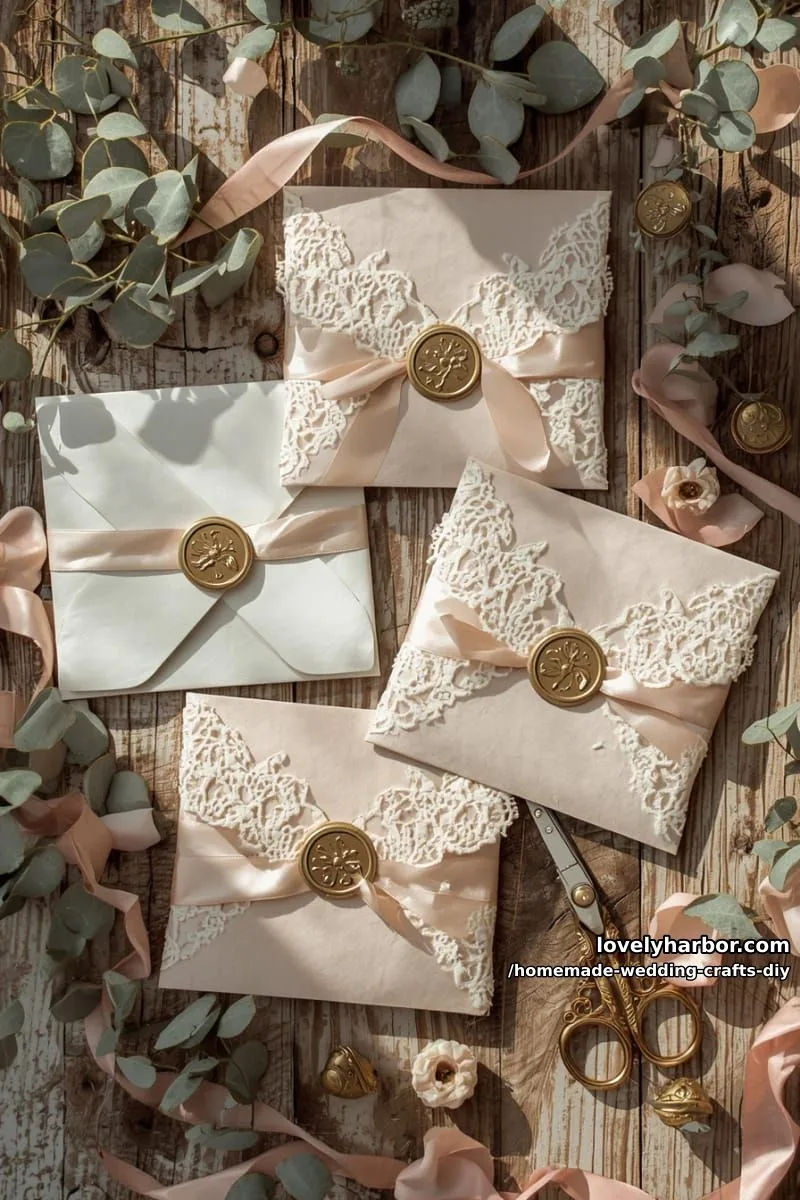 19 Homemade Wedding Crafts DIY To Wow Your Guests 33 elegant lace-wrapped invitation envelopes sealed with wax stamps 1