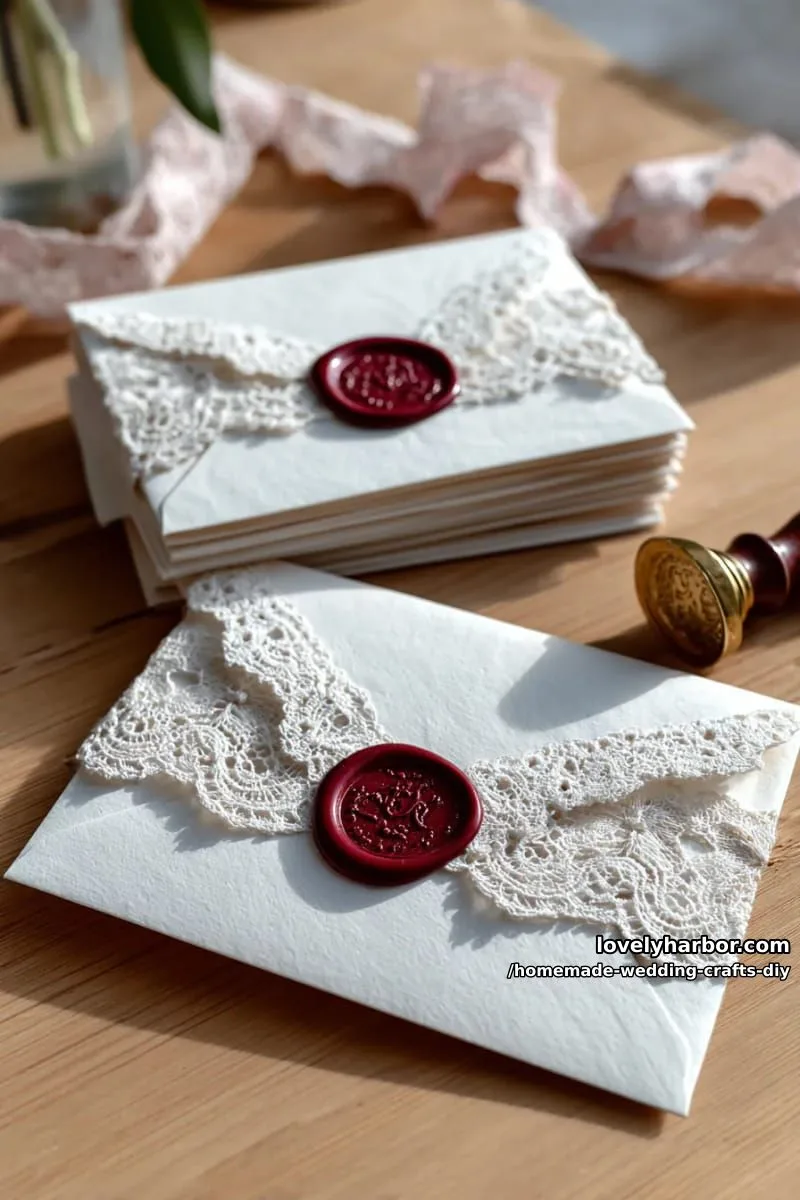 19 Homemade Wedding Crafts DIY To Wow Your Guests 34 elegant lace-wrapped invitation envelopes sealed with wax stamps 1