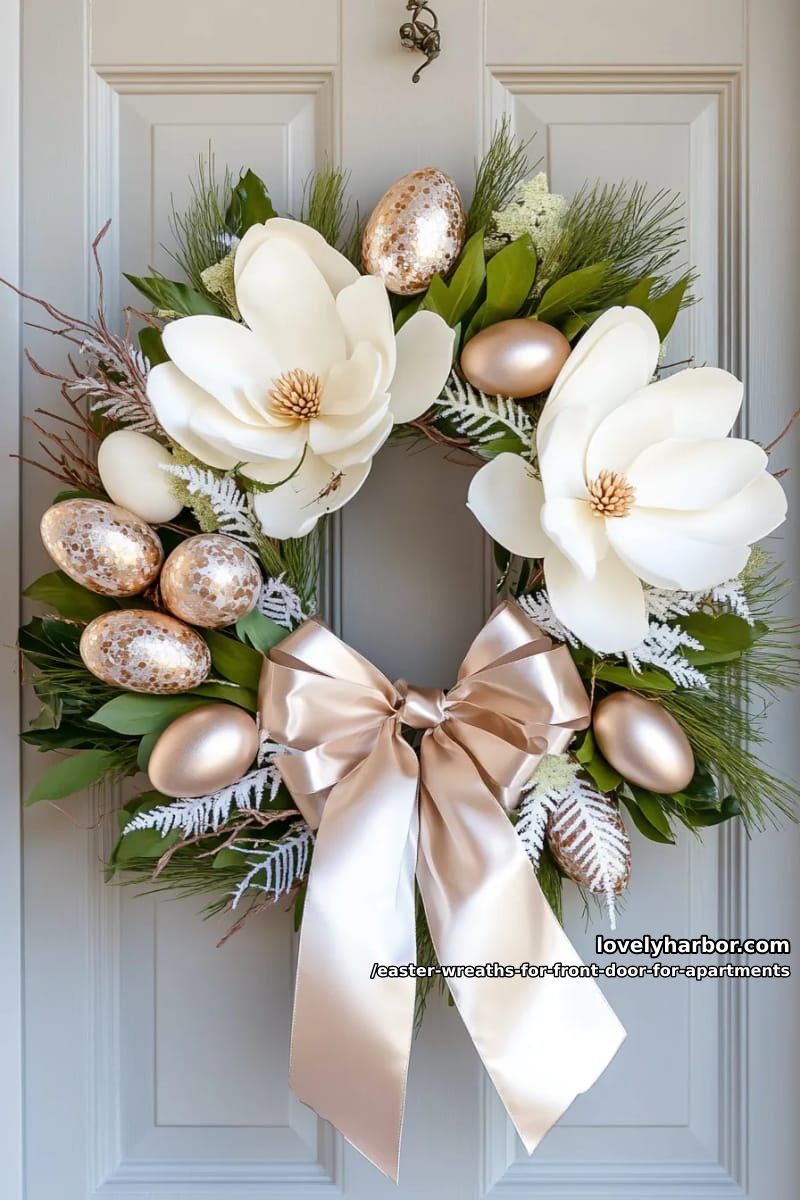 elegant magnolia and fern wreath with metallic easter eggs and ribbon 1
