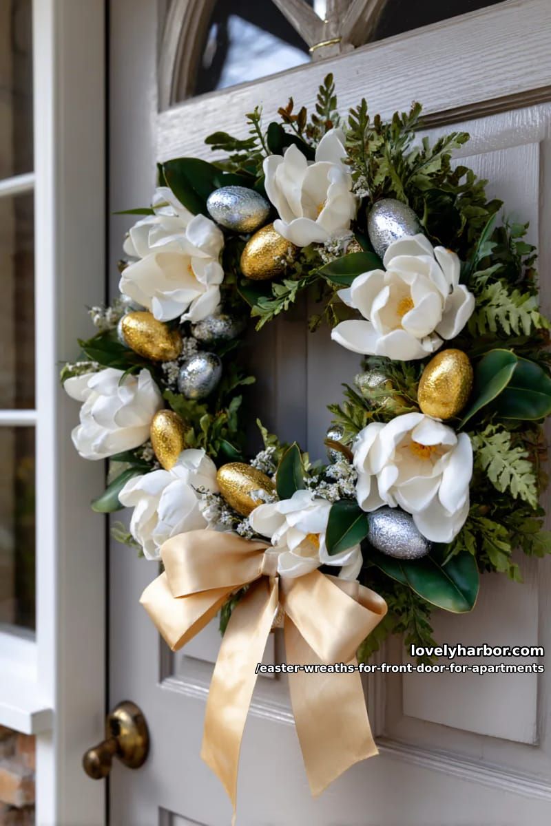 elegant magnolia and fern wreath with metallic easter eggs and ribbon 1