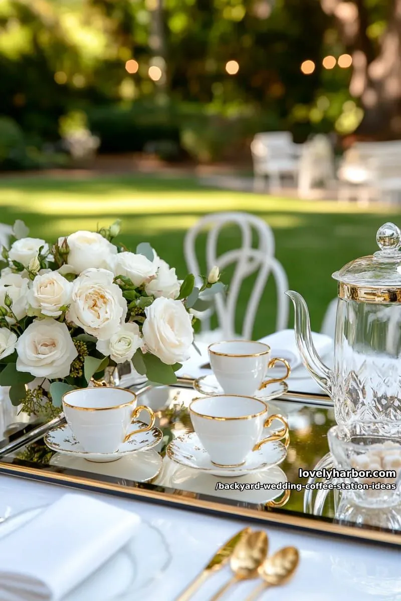 15 Backyard Wedding Coffee Station Ideas For Your Reception 31 elegant mirrored tray setup with gold spoons and fresh white roses 1