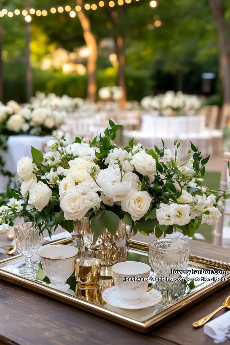 elegant mirrored tray setup with gold spoons and fresh white roses 1