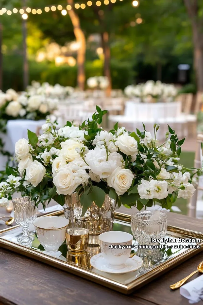 15 Backyard Wedding Coffee Station Ideas For Your Reception 32 elegant mirrored tray setup with gold spoons and fresh white roses 1