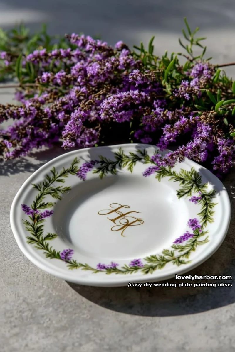 elegant monogram framed by tiny hand-painted lavender sprigs 1
