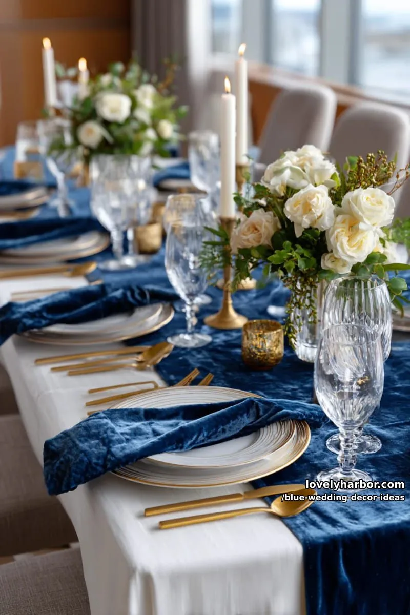 elegant navy velvet table runners paired with gold flatware accents 1