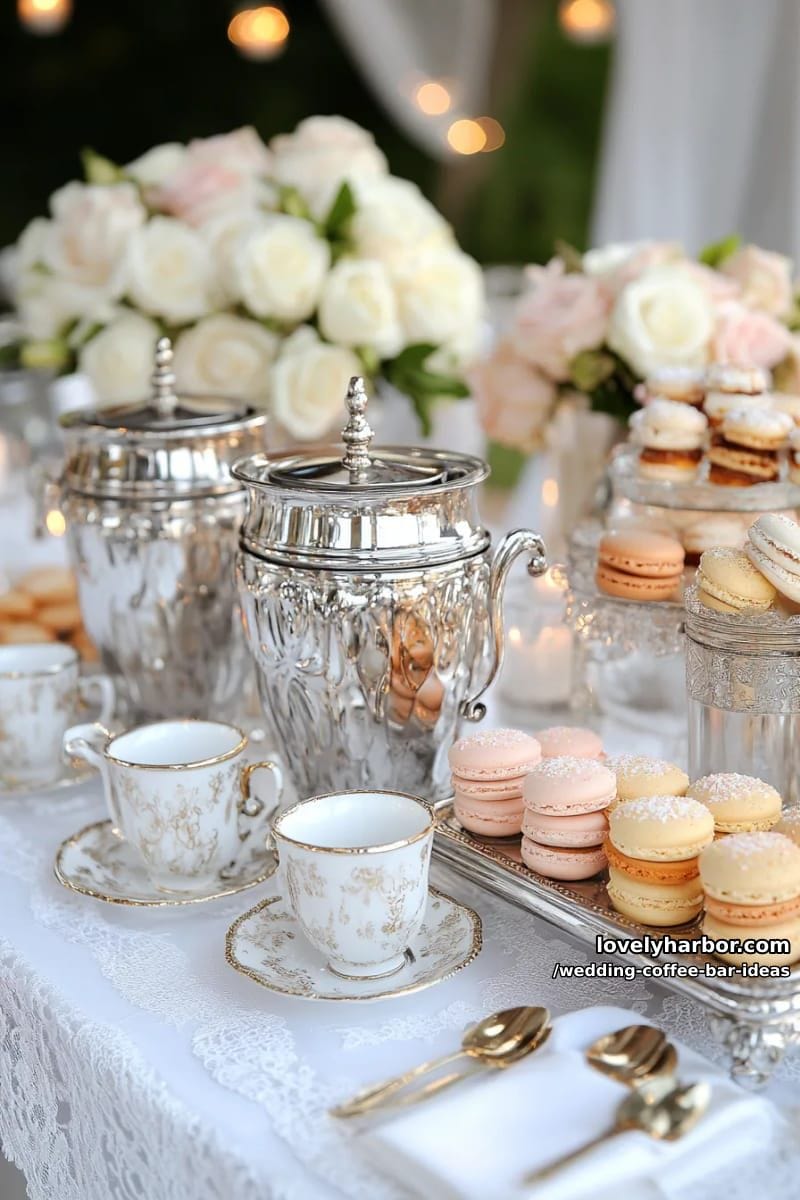 elegant silver urns serving gourmet coffee blends on lace-draped tables 1