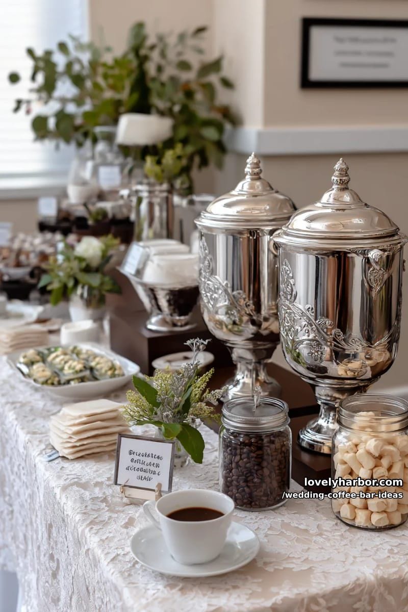 elegant silver urns serving gourmet coffee blends on lace-draped tables 1