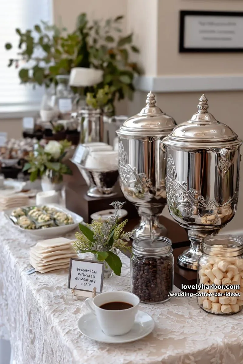 elegant silver urns serving gourmet coffee blends on lace-draped tables 1