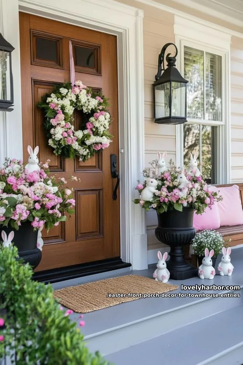 elegant urns with flowering branches and hidden bunny figures 1
