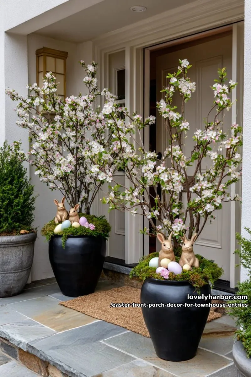 elegant urns with flowering branches and hidden bunny figures 1