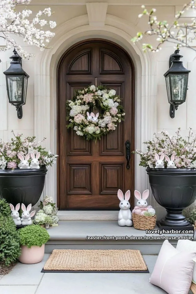 elegant urns with flowering branches and hidden bunny figures 1