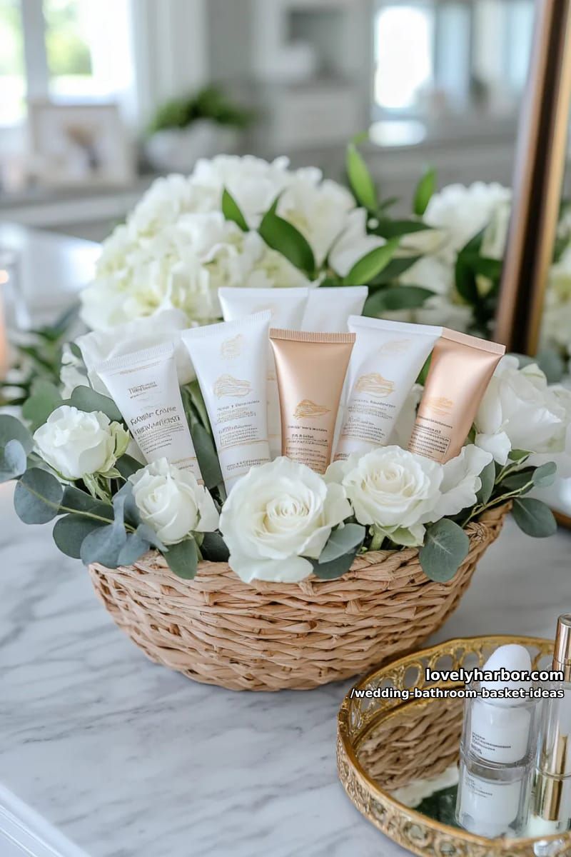 elegant woven basket with mini floral bouquets and luxury hand creams 1