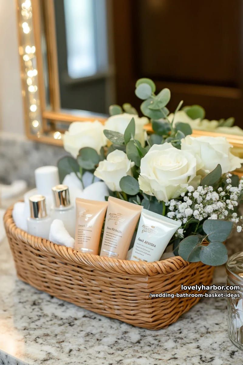 elegant woven basket with mini floral bouquets and luxury hand creams 1