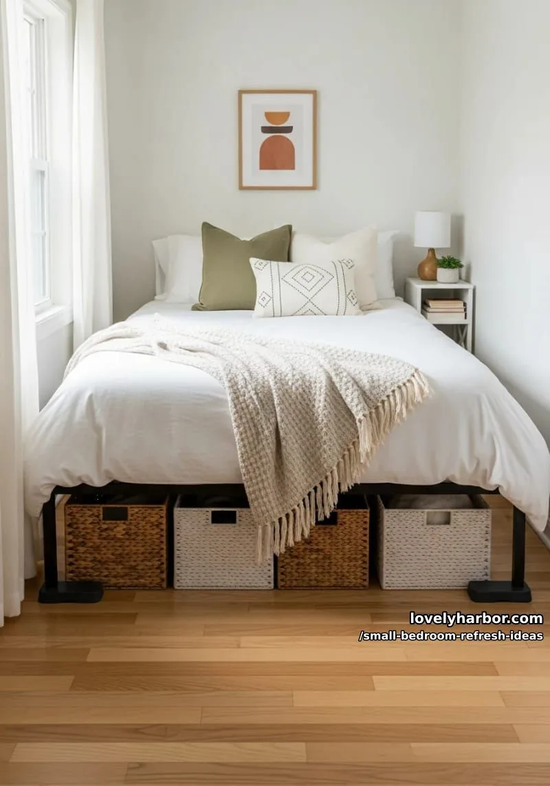 elevate the bed with risers and tuck storage baskets underneath 1