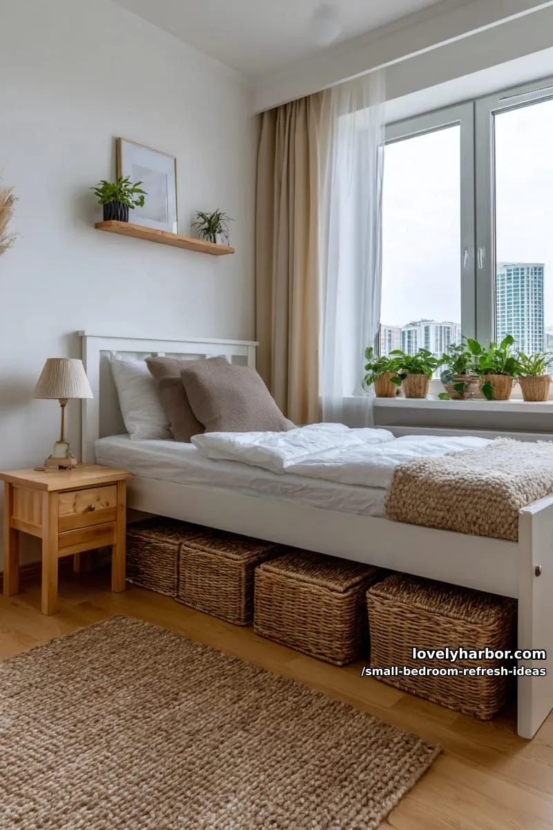 elevate the bed with risers and tuck storage baskets underneath 1