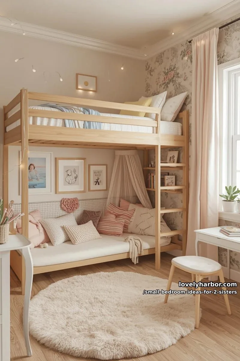 elevated bunk bed nook with under-bed reading lounge and soft fairy lights 1