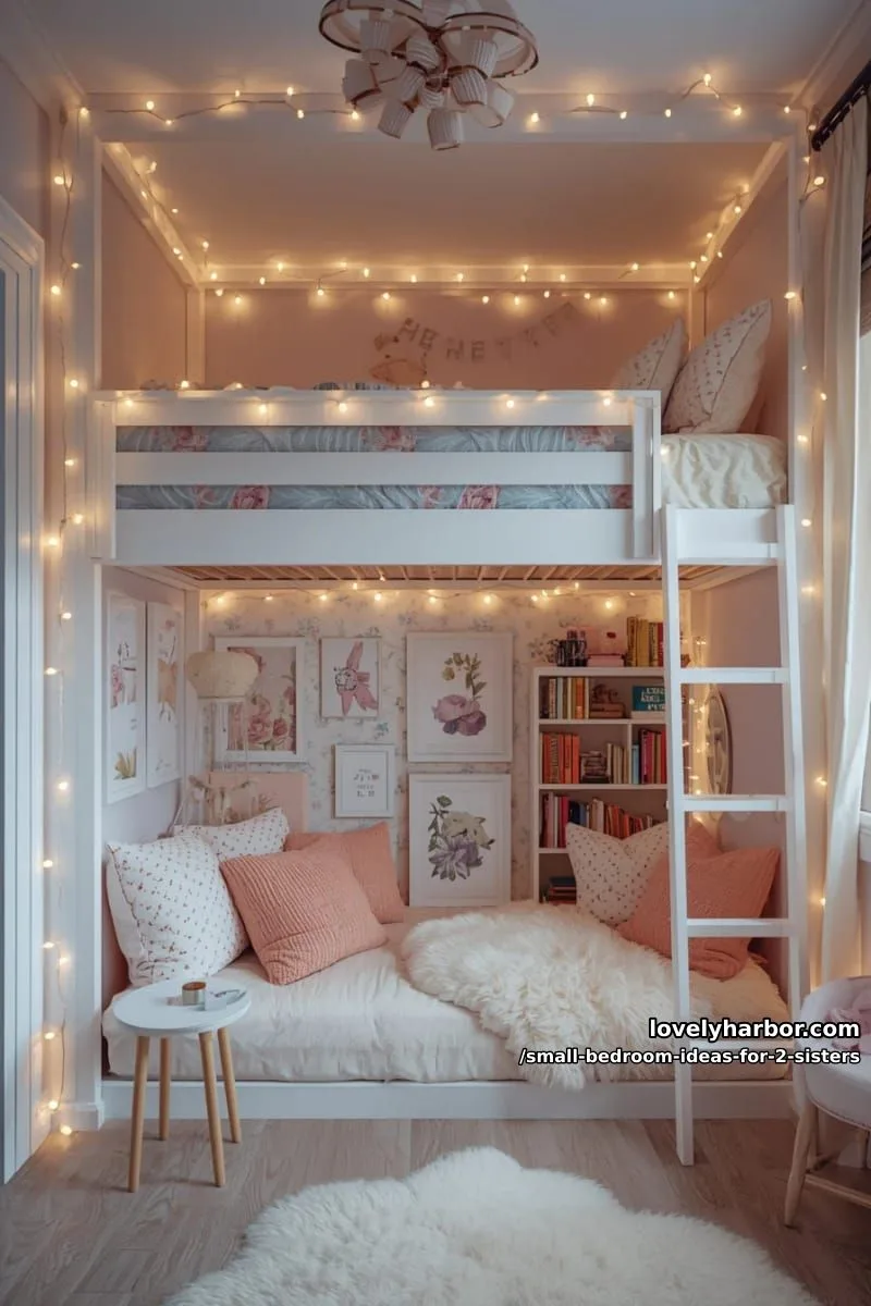 elevated bunk bed nook with under-bed reading lounge and soft fairy lights 1
