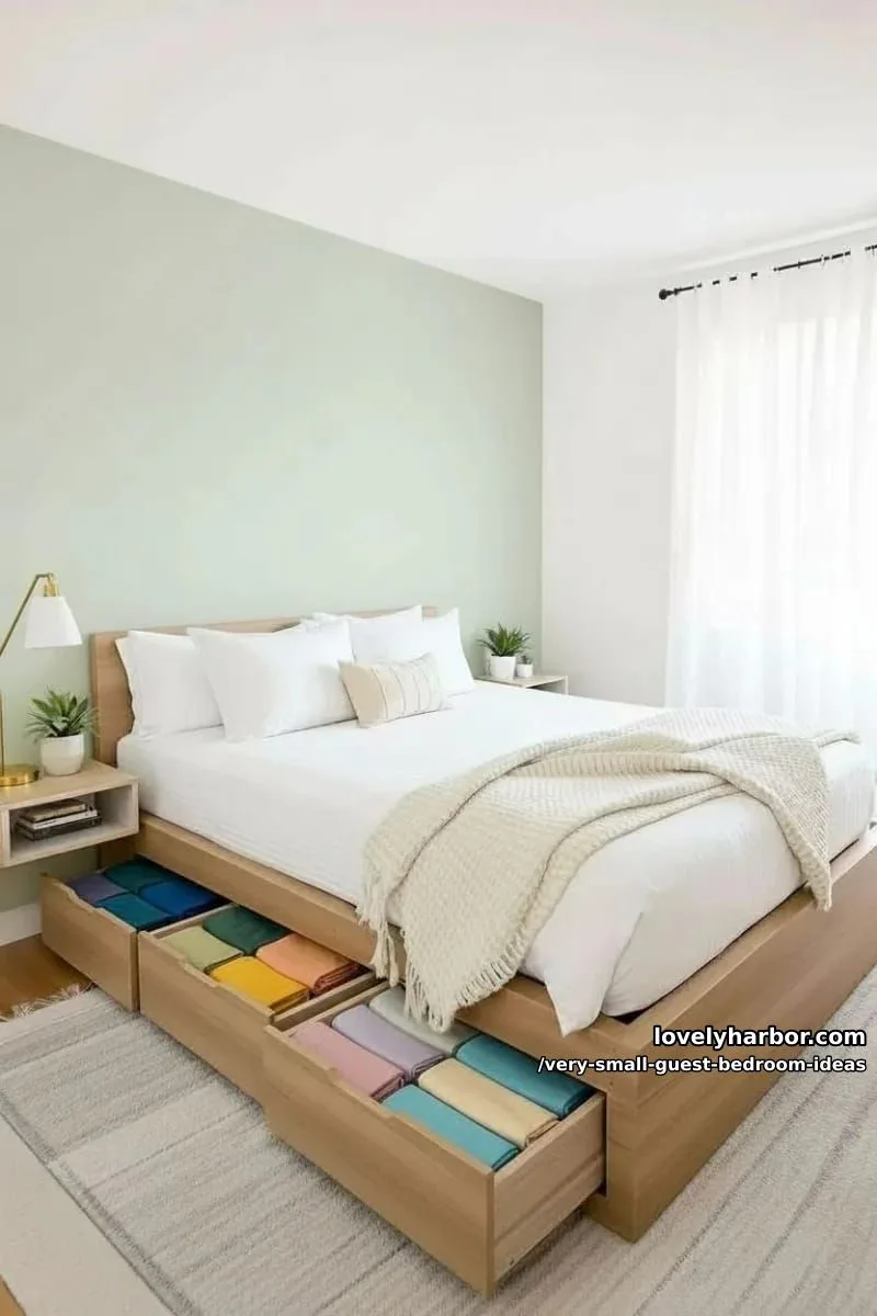 19 Very Small Guest Bedroom Ideas For A Welcoming Retreat 4 elevated platform bed with hidden drawers and layered cozy rugs 1