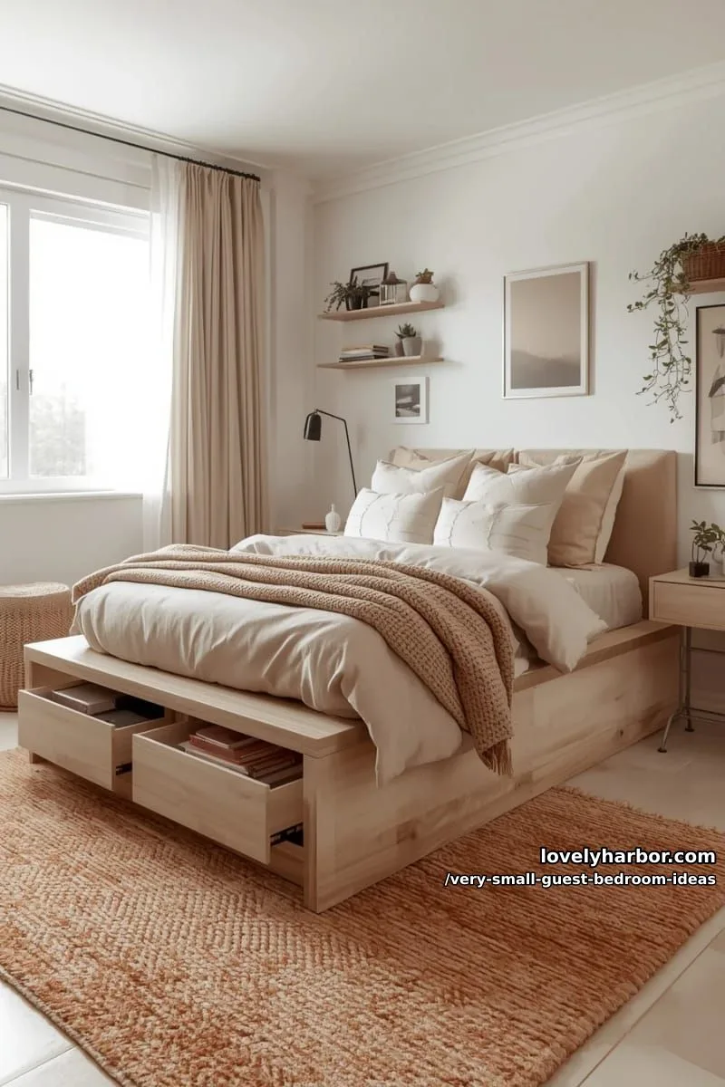 19 Very Small Guest Bedroom Ideas For A Welcoming Retreat 5 elevated platform bed with hidden drawers and layered cozy rugs 1