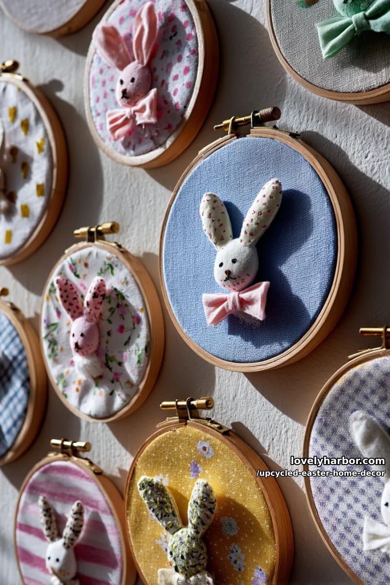 embroidery hoop wall art featuring upcycled fabric bunnies 1