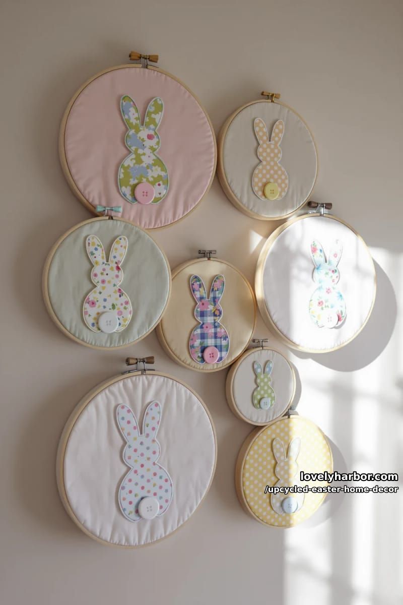 embroidery hoop wall art featuring upcycled fabric bunnies 1