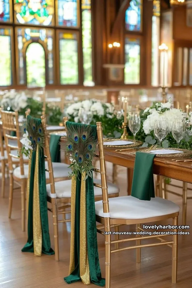 emerald and gold velvet chair sashes with peacock feather details 1