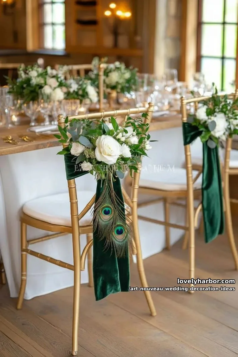 emerald and gold velvet chair sashes with peacock feather details 1