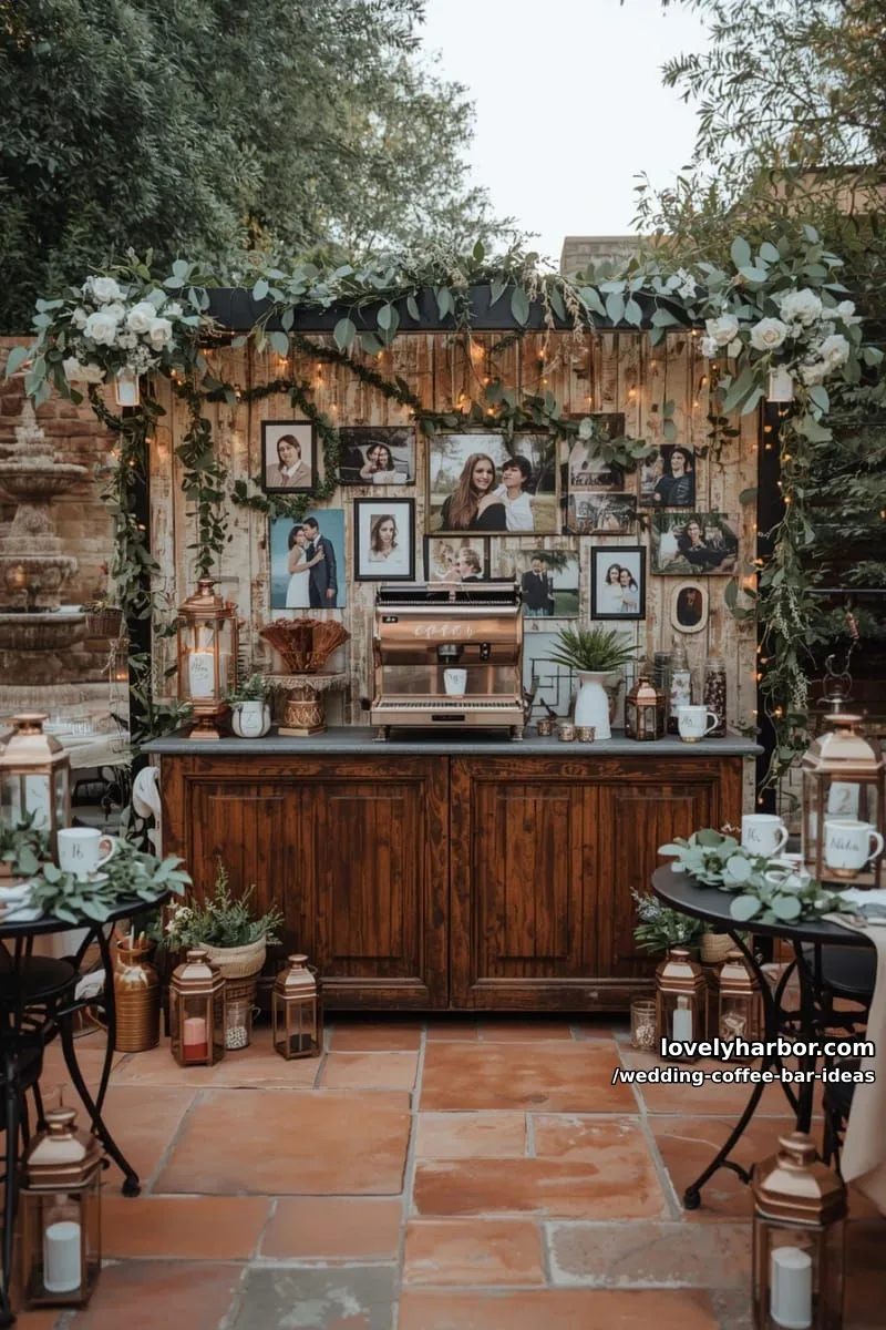 espresso bar backdrop featuring couple’s engagement photos and fairy lights 1