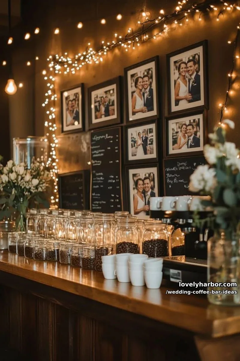 espresso bar backdrop featuring couple’s engagement photos and fairy lights 1