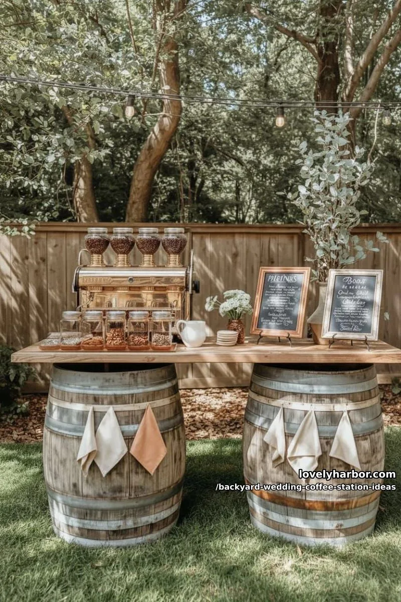 15 Backyard Wedding Coffee Station Ideas For Your Reception 8 espresso bar on wine barrels with chalkboard menus and eucalyptus sprigs 1