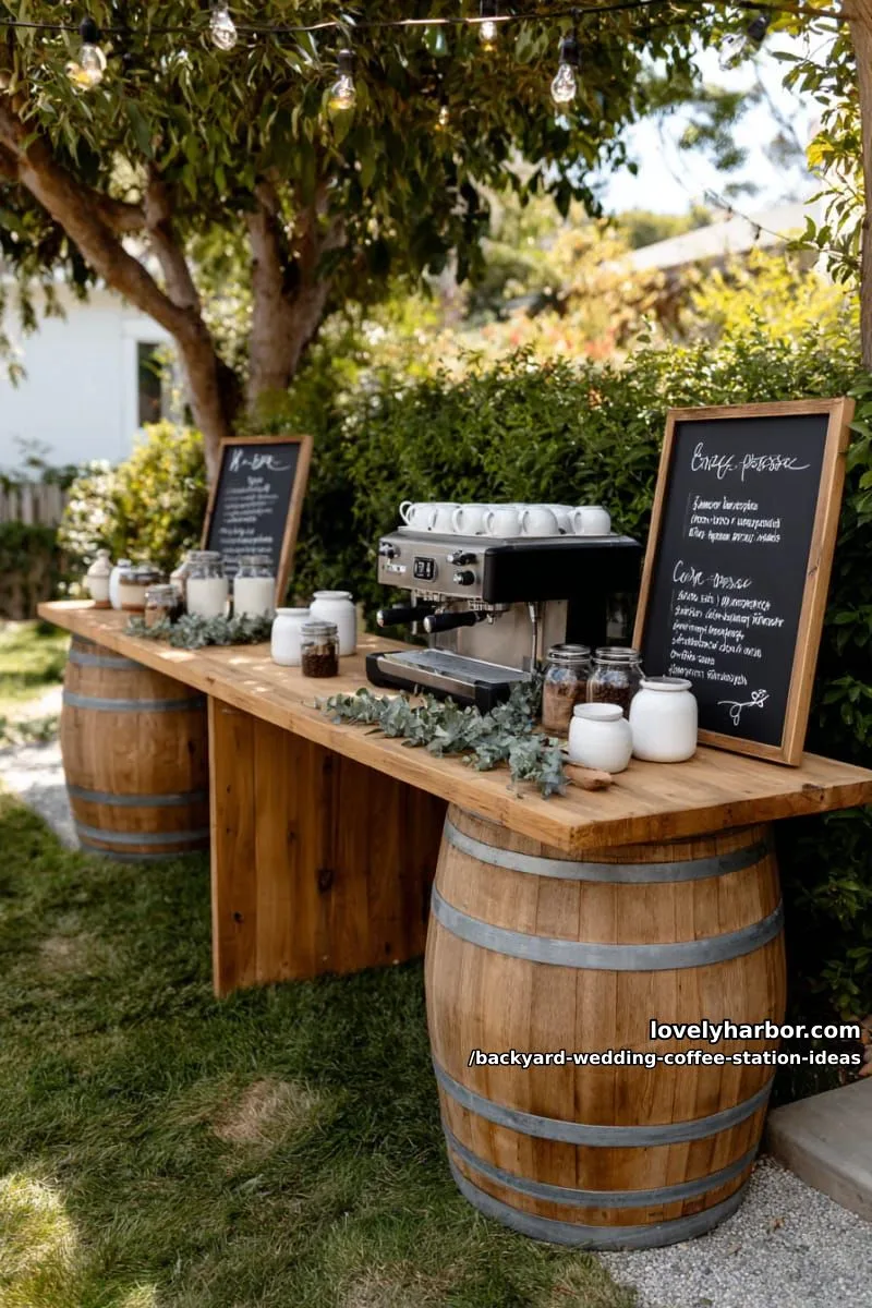15 Backyard Wedding Coffee Station Ideas For Your Reception 9 espresso bar on wine barrels with chalkboard menus and eucalyptus sprigs 1