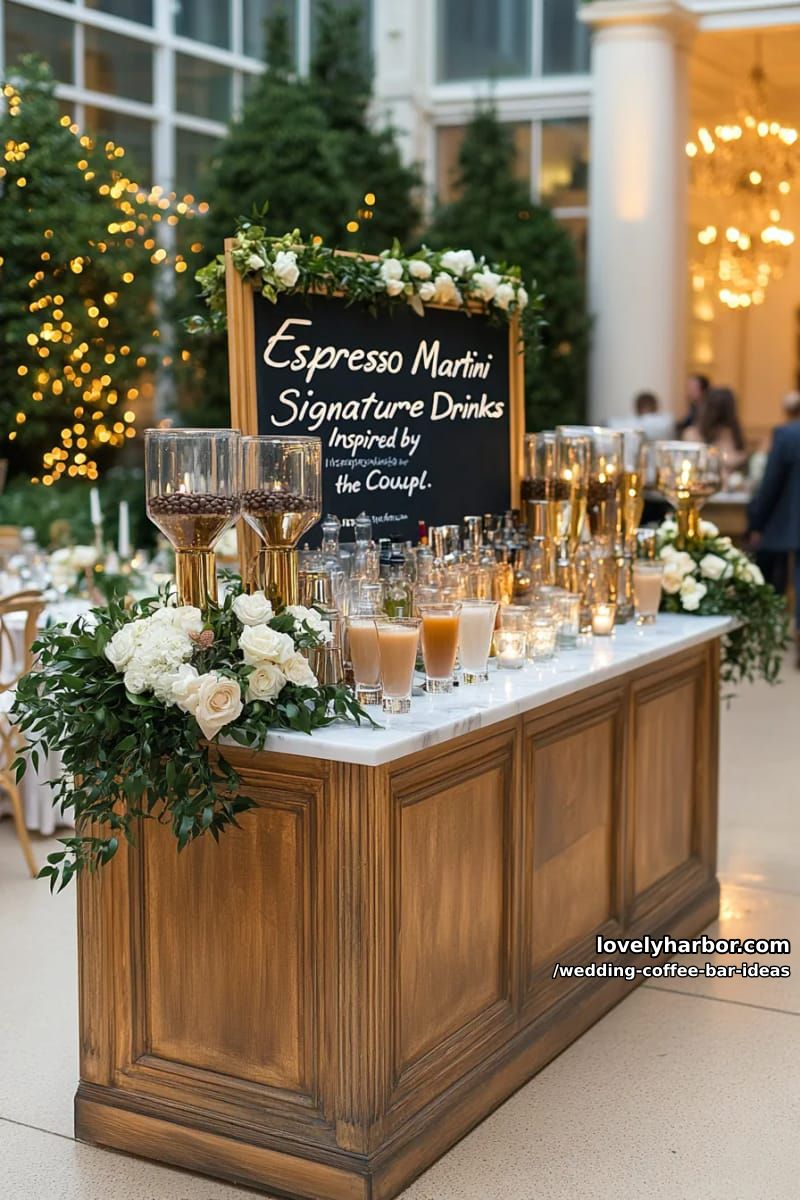 espresso martini bar featuring signature drinks named after the couple 1