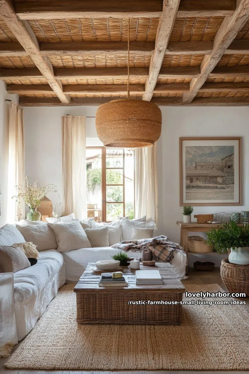 exposed ceiling beams paired with oversized woven pendant lighting 1