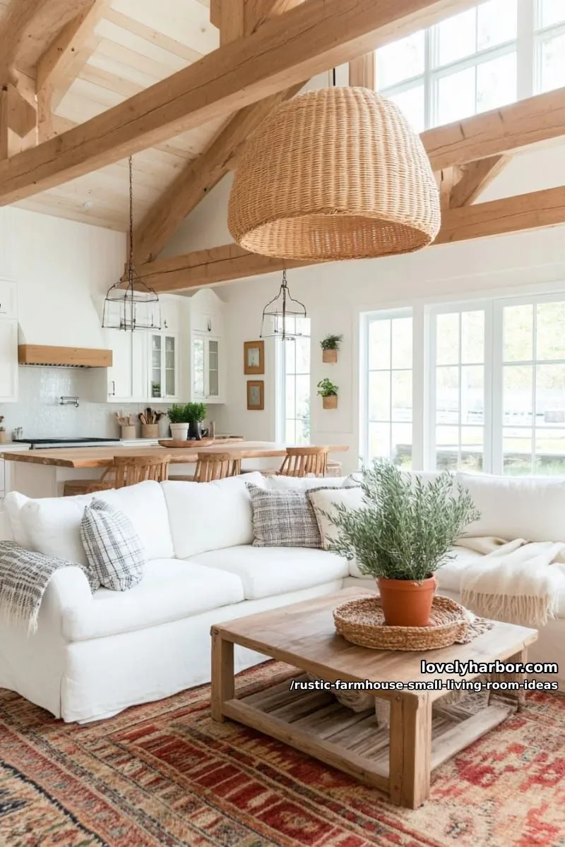 exposed ceiling beams paired with oversized woven pendant lighting 1