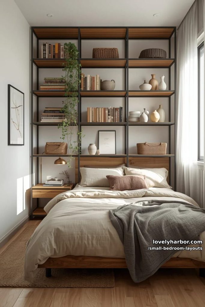 extra-tall shelving unit framing the head of the bed 15