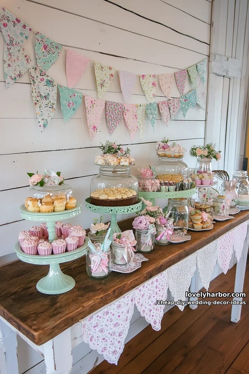 fabric bunting banners in mismatched patterns above the dessert table 1