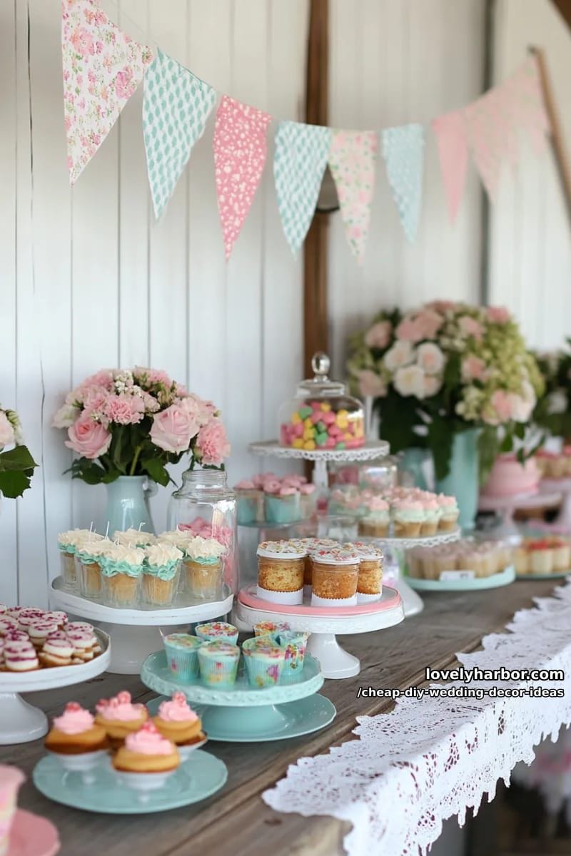 fabric bunting banners in mismatched patterns above the dessert table 1