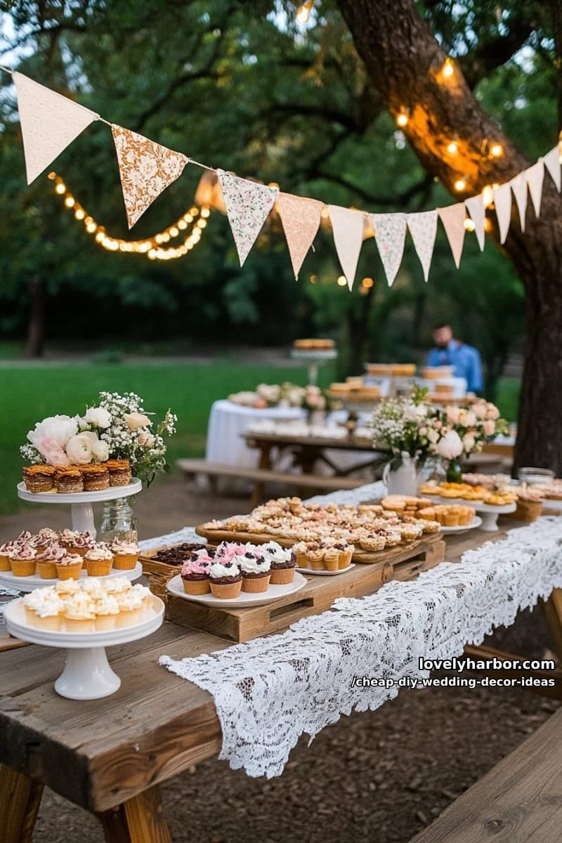 fabric bunting banners in mismatched patterns above the dessert table 1