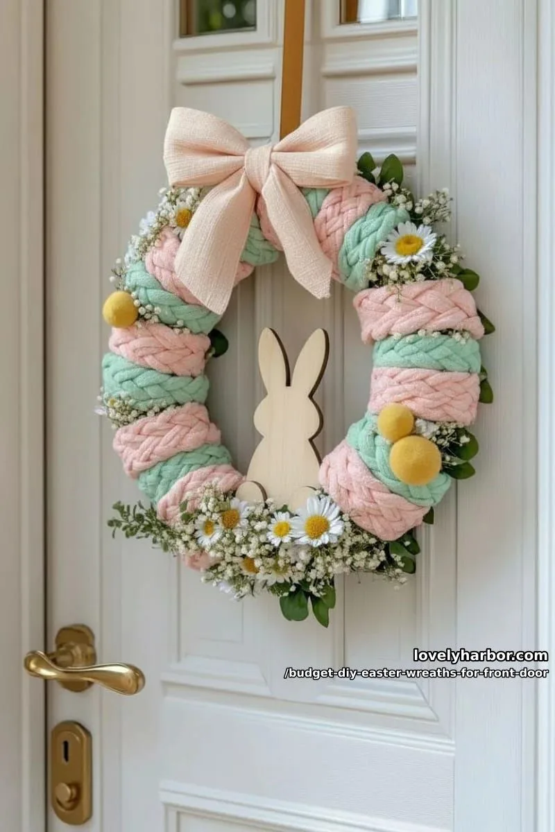 fabric scrap braided wreath with pastel bows and wooden bunny cutout 1