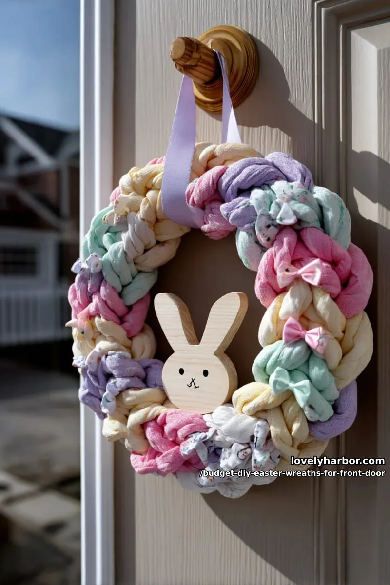fabric scrap braided wreath with pastel bows and wooden bunny cutout 1
