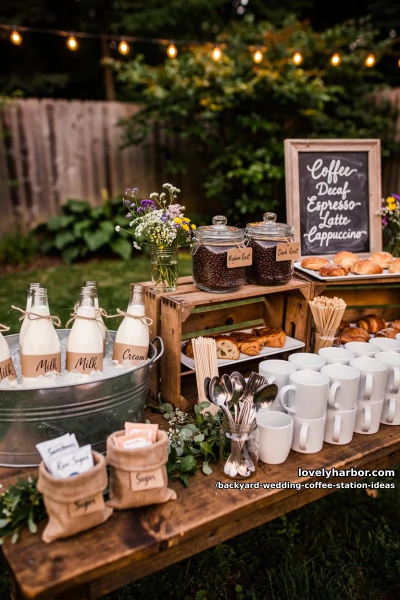 15 Backyard Wedding Coffee Station Ideas For Your Reception 16 farmhouse coffee bar featuring galvanized tubs for milk and cream 1