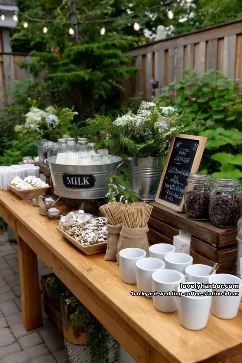 15 Backyard Wedding Coffee Station Ideas For Your Reception 17 farmhouse coffee bar featuring galvanized tubs for milk and cream 1