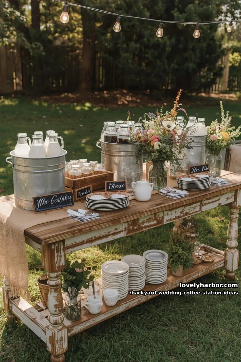 15 Backyard Wedding Coffee Station Ideas For Your Reception 18 farmhouse coffee bar featuring galvanized tubs for milk and cream 1