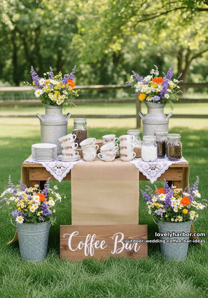 farmhouse-style coffee corner with antique milk jugs and wildflower arrangements 1