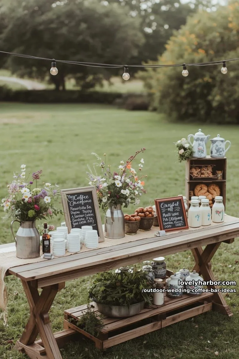 farmhouse-style coffee corner with antique milk jugs and wildflower arrangements 1