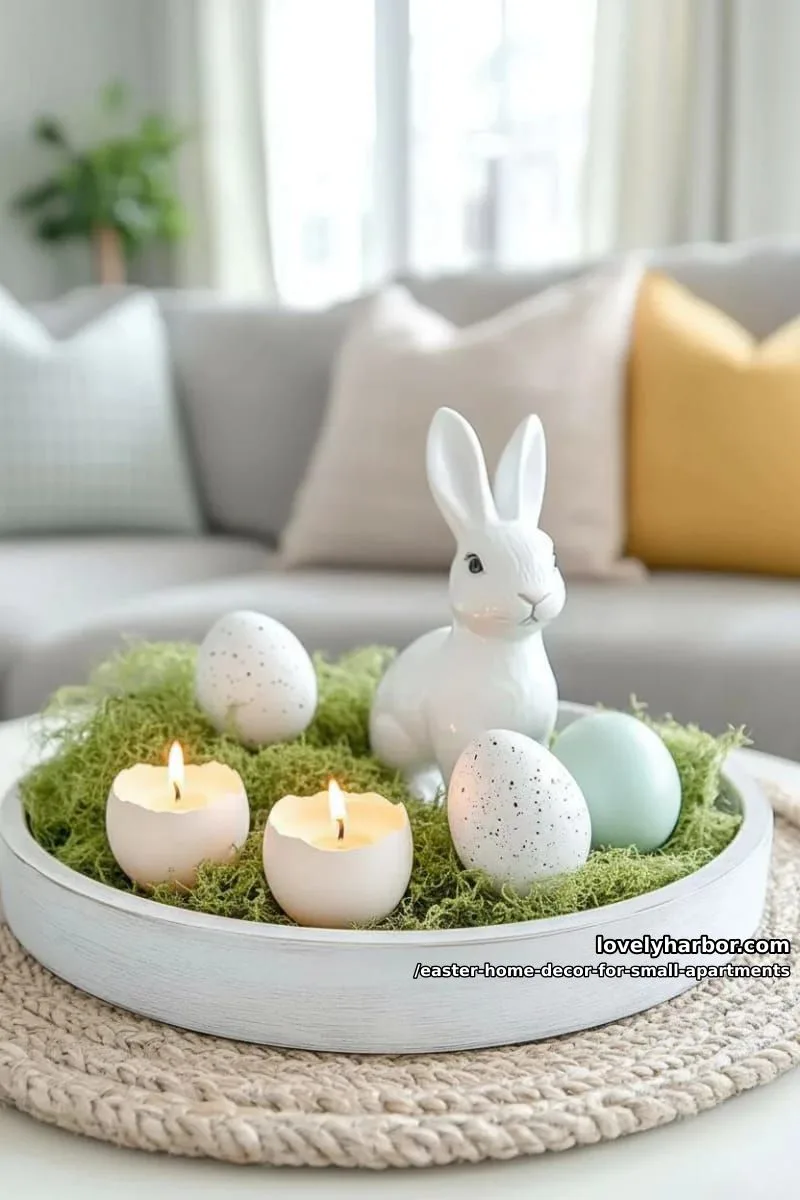 farmhouse style tray with moss, egg candles, and a single ceramic bunny 1