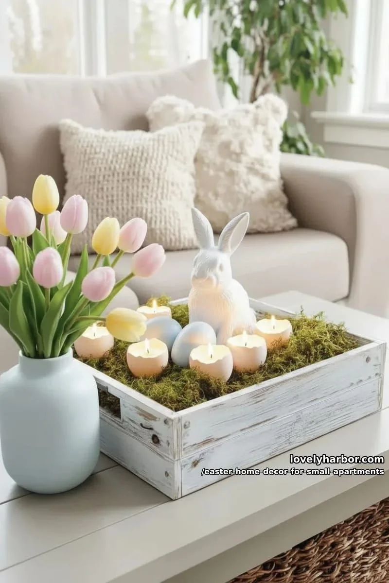 farmhouse style tray with moss, egg candles, and a single ceramic bunny 1