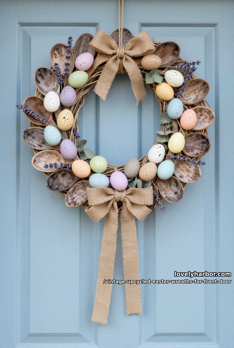 farmhouse style wreath using old wooden spoons, twine, and speckled eggs 1