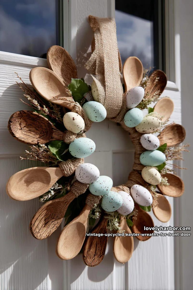 farmhouse style wreath using old wooden spoons, twine, and speckled eggs 1